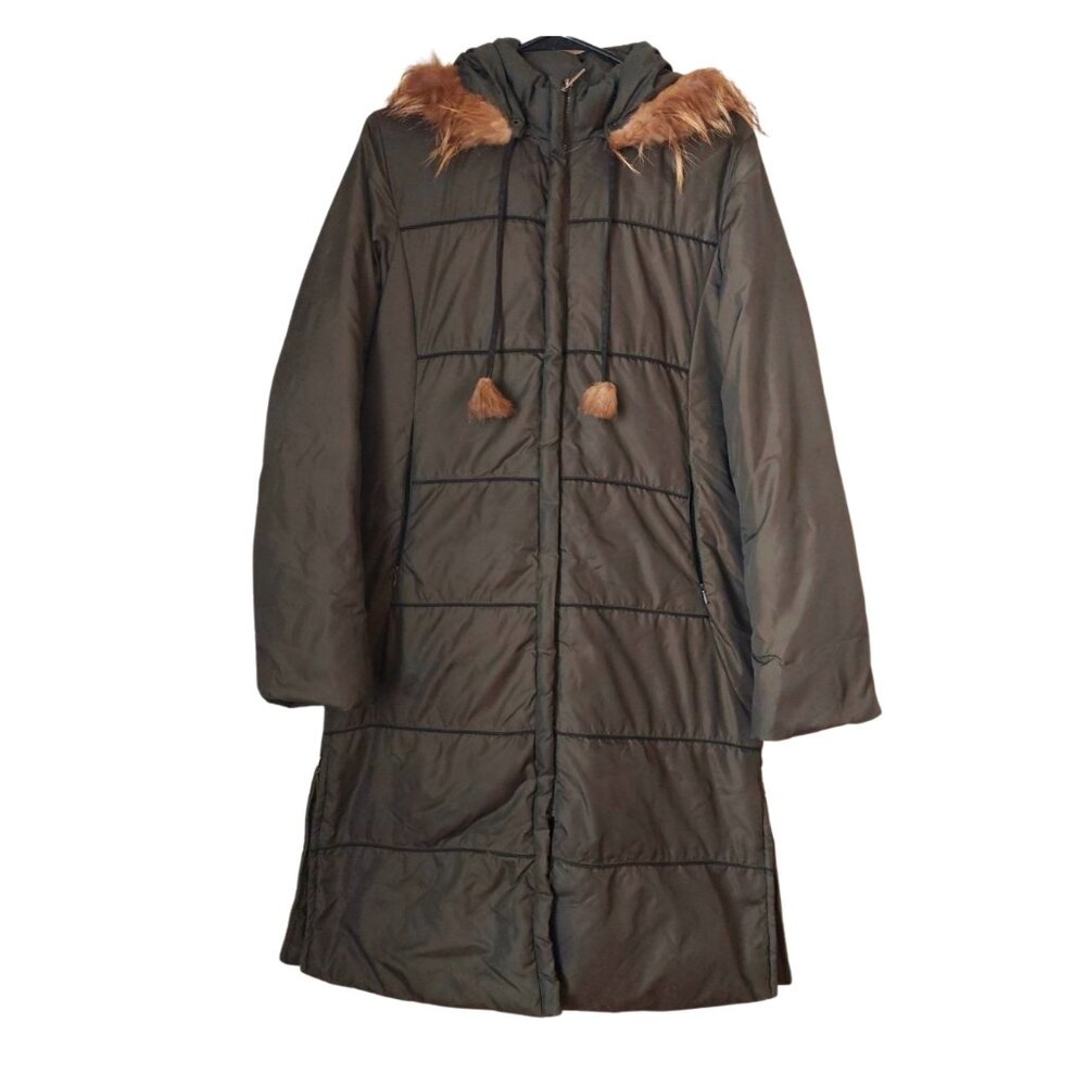 Via Spiga Olive Longline Puffer Coat W/  Fur Edge Removable Hood Size Medium